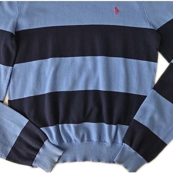 Ralph Lauren Sweater Womens L Preppy Blue Striped Pima Cotton Crew College Y2K - Picture 7 of 7